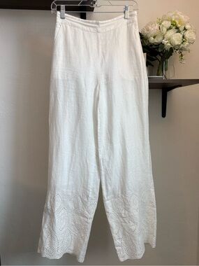 Elie Tahari White Eyelet Hem Wide-Leg 100% Cotton Linen Pants Size S